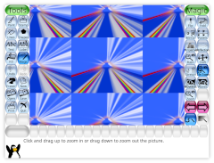 Screenshot of Tux Paint with a drawing first zoomed out with the 'Rush' magic tool, then with the 'Tile Zoom' magic tool Screenshot of Tux Paint with a drawing first zoomed out with the 'Rush' magic tool, then with the 'Tile Zoom' magic tool