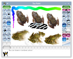Screenshot of Tux Paint with a set of frogs, with different sizes of blocky, water ripple, and negative color effects applied to them, and a rainbow strokes of different thicknesses. Screenshot of Tux Paint with a set of frogs, with different sizes of blocky, water ripple, and negative color effects applied to them, and a rainbow strokes of different thicknesses.