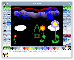 Screenshot of Tux Paint with different sizes of rain drops, tube shapes, and flowers, and a symmetric drawing of a tree and clouds with strokes of different thicknesses. Screenshot of Tux Paint with different sizes of rain drops, tube shapes, and flowers, and a symmetric drawing of a tree and clouds with strokes of different thicknesses.